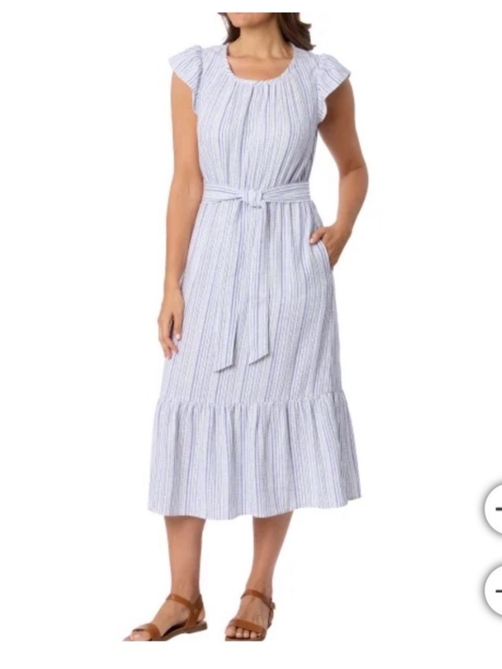 Briggs New York Light Blue & White Stripe Midi Dress with Tie Waist